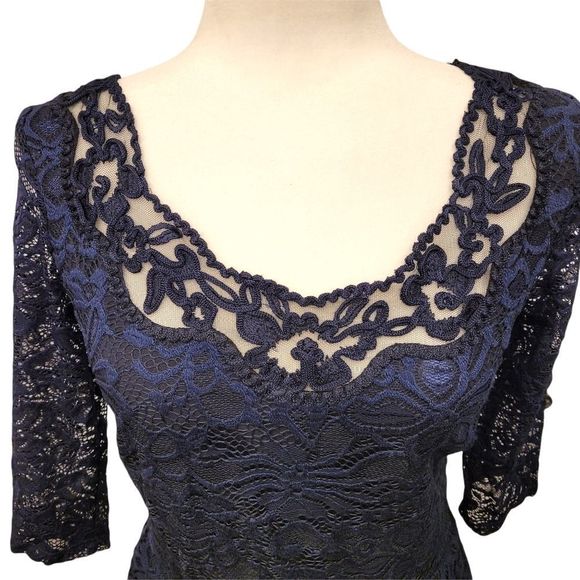 Navy Blue Dress with Elastic Waist 3/4 Sleeves and Lace Overlay - Picture 2 of 16